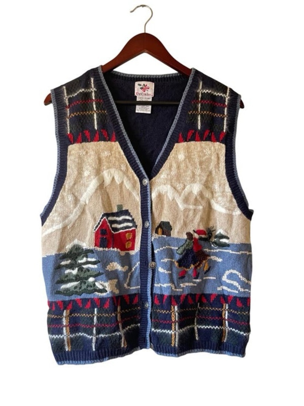 Nutcracker Vintage Cozy Winter Scene Knit Vest Button Front Fair Isle Size XL